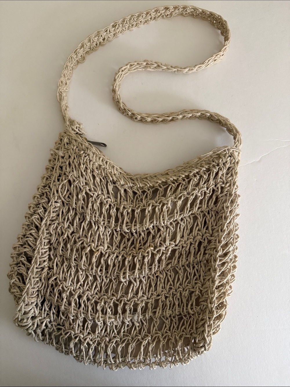 Vintage 70s Sears Italy Woven Crochet Hobo Shoulder Bag Beige